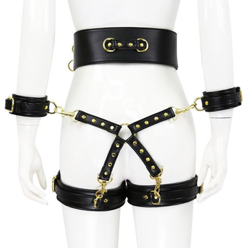 BDSM PU Leather Bondage Set / Handcuffs and Legcuffs with Center Connection and Belt - EVE's SECRETS